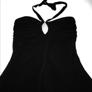Black formal evening gown with wrap around neck
